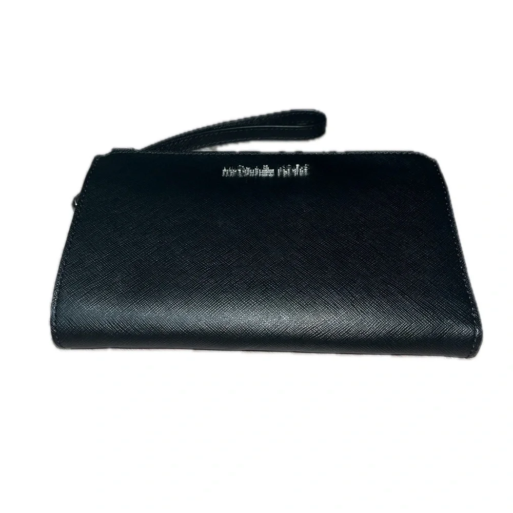 Michael Kors Black Leather Jet Set Double Zip Wallet Wristlet Silver-Tone Accent